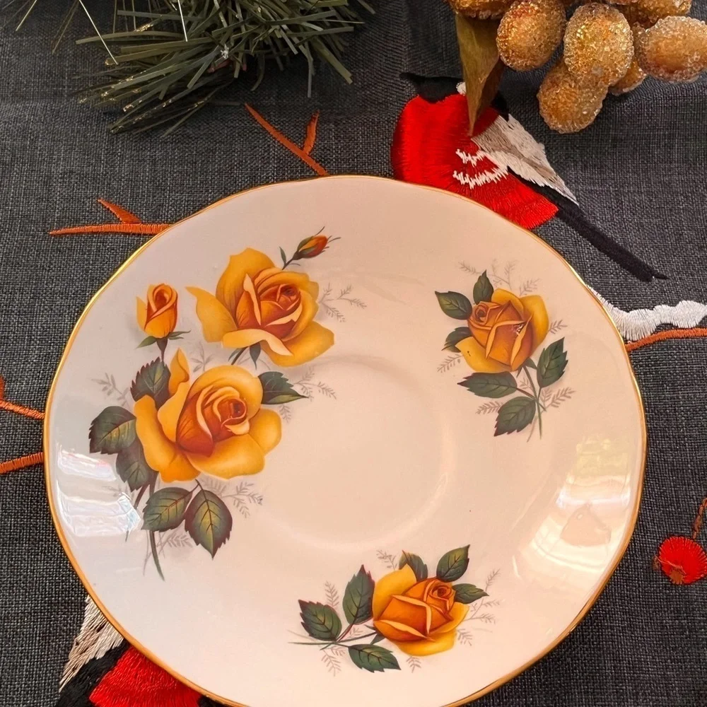 Porcelain Teacup and Saucer Set. Tea Set with Hand Painted Yellow Roses.